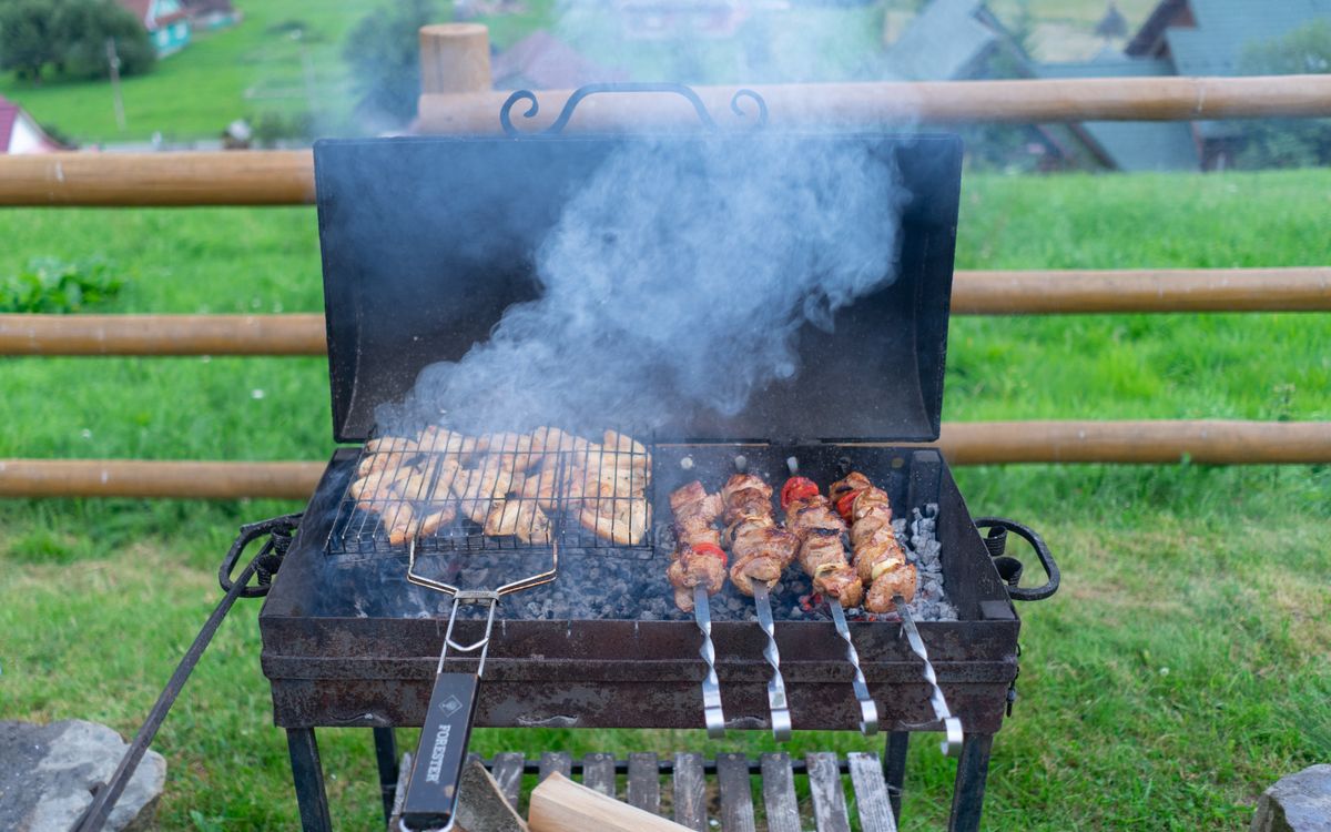 Backyard barbecue grill with skewers and grilled food on a summer day